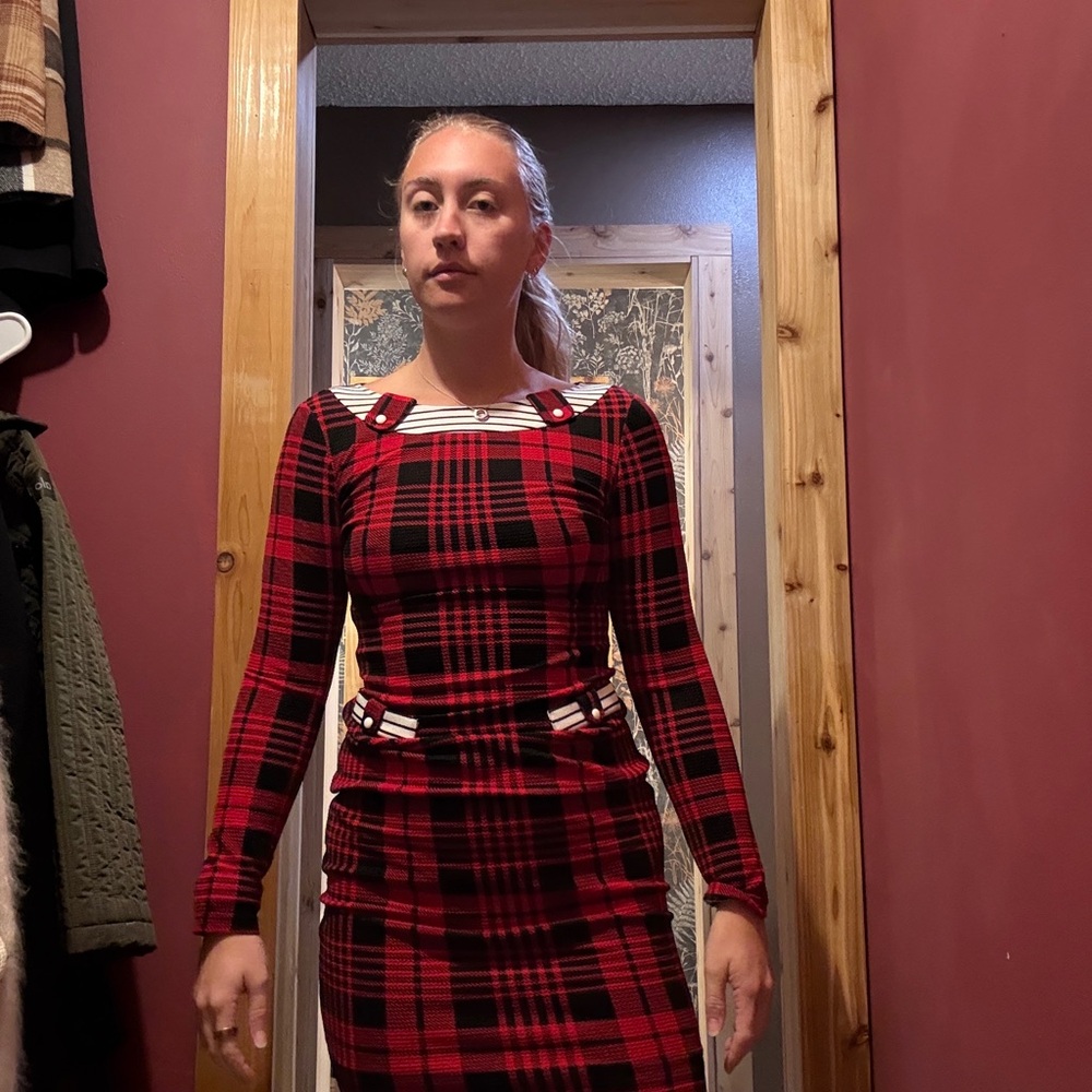 Red Plaid Long Sleeve Dress